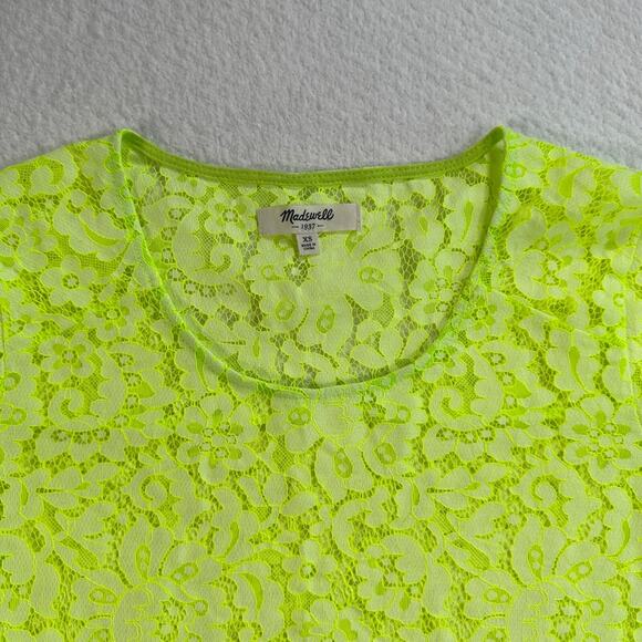 Madewell Neon Green Lace Tunic Top Womens X-Small Short Sleeve Scallop Hem Sheer - Picture 3 of 9